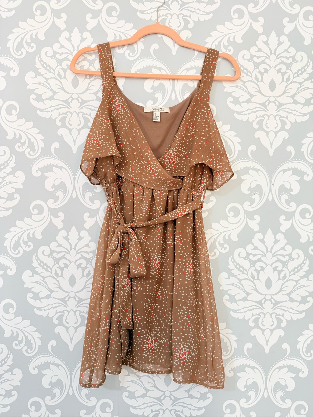 💫4/$25 • Forever 21 Brown Polka Dot Midi Dress with Coral Accents